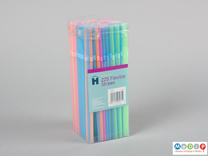 Side view of a box of drinking straws showing the packaging.