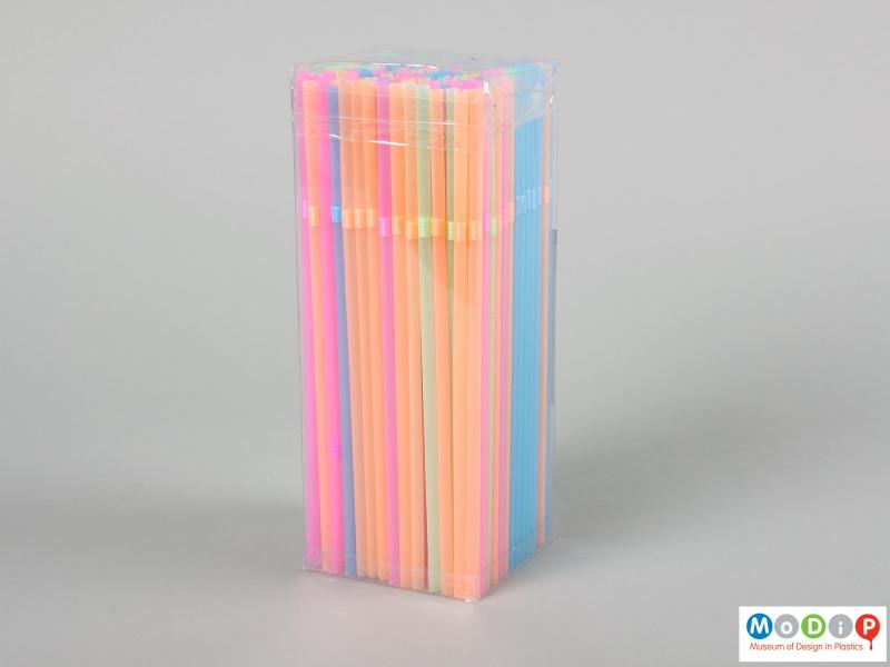 Side view of a box of drinking straws showing the packaging.