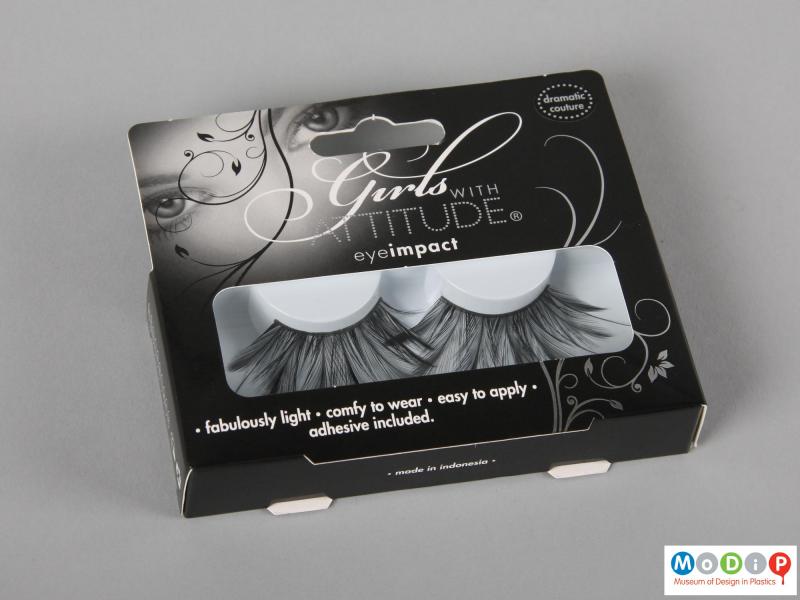 Front view of a pair of false eyelashes showing the packaging.