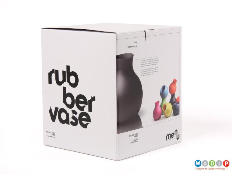Side view of a Rubber vase showing the box.