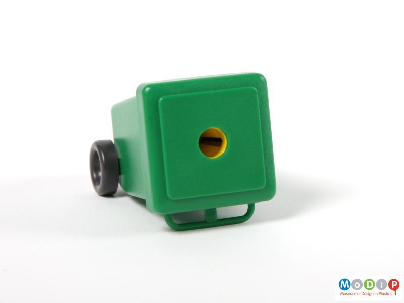 Top view of a pencil sharpener showing the hole for the pencil tip.