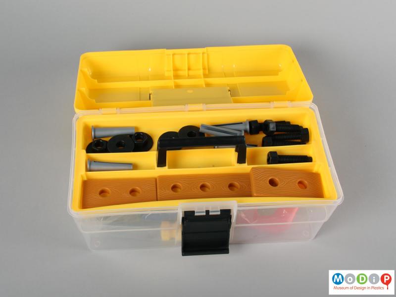 Top view of a toy tool box showing the open lid exposing the removable tray.