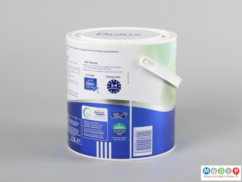 Side view of a paint can showing the printed label.