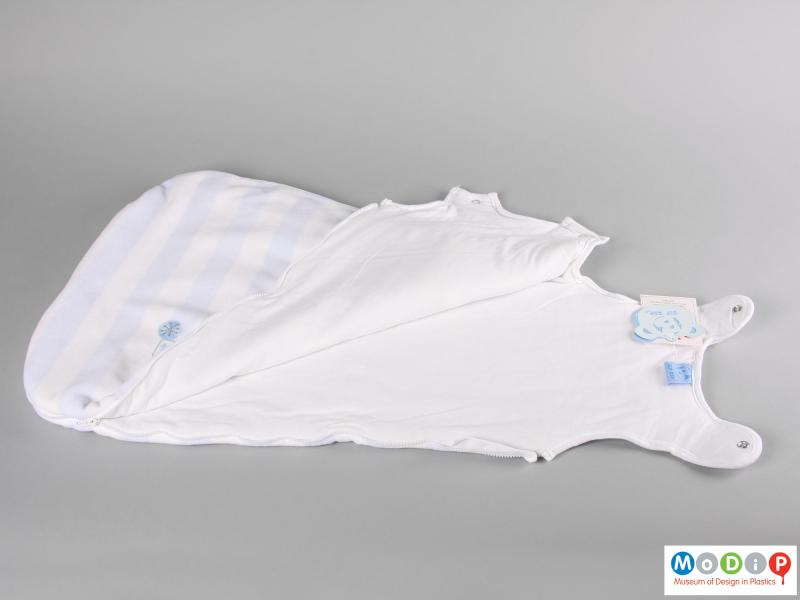 Side view of a sleep bag showing the inner surface.