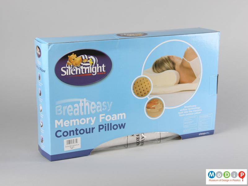 Side view of a pillow showing the packaging.