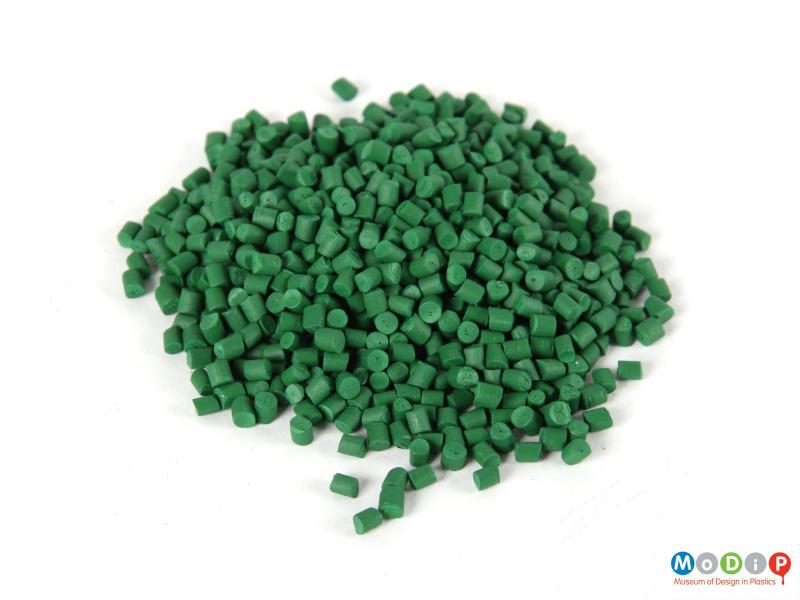 Top view of a pile of pellets showing the all green sample.