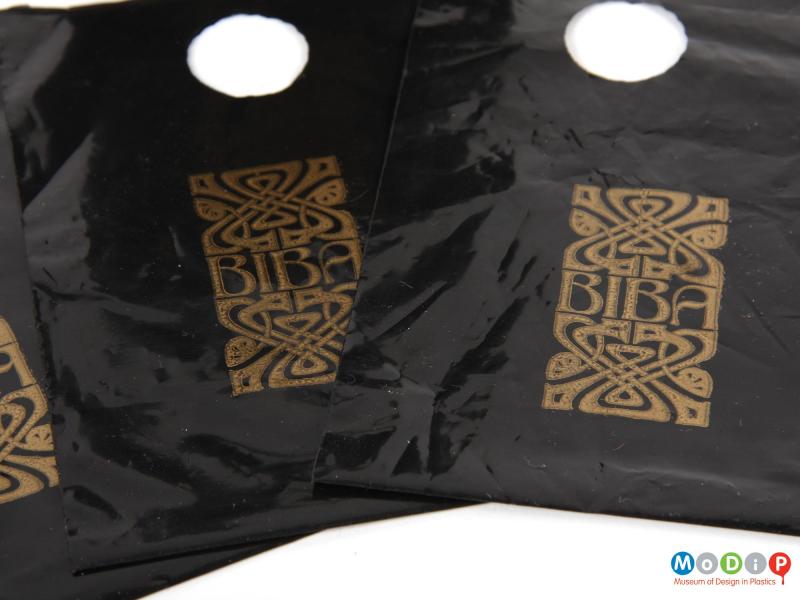 Close view of a Biba carrier bag showing the printed logo.
