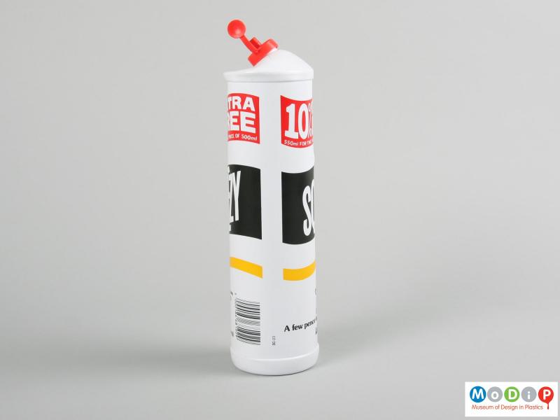 Side view of a Sqezy bottle showing the printed design.