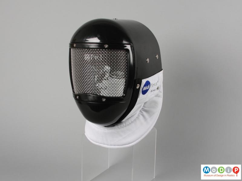 Front view of a fencing mask showing the grill over the face.