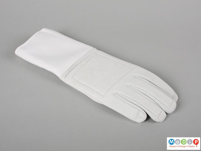 Top view of a fencing glove showing the stitching holding the protective foam in place.
