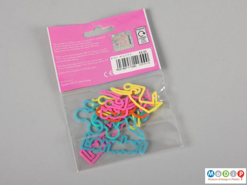 Rear view of a pack of elastic bands showing the packaging.