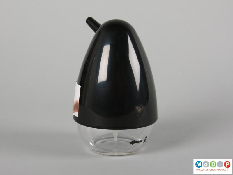 Side view of a soap dispenser showing the egg shaped profile.