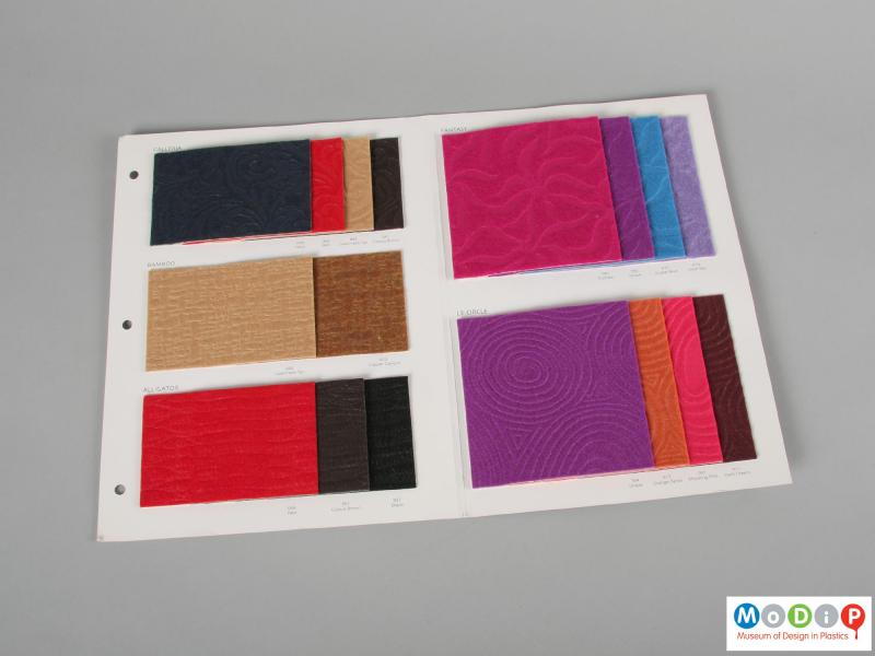Inside view of a sample pack showing the different colours and patterns available.