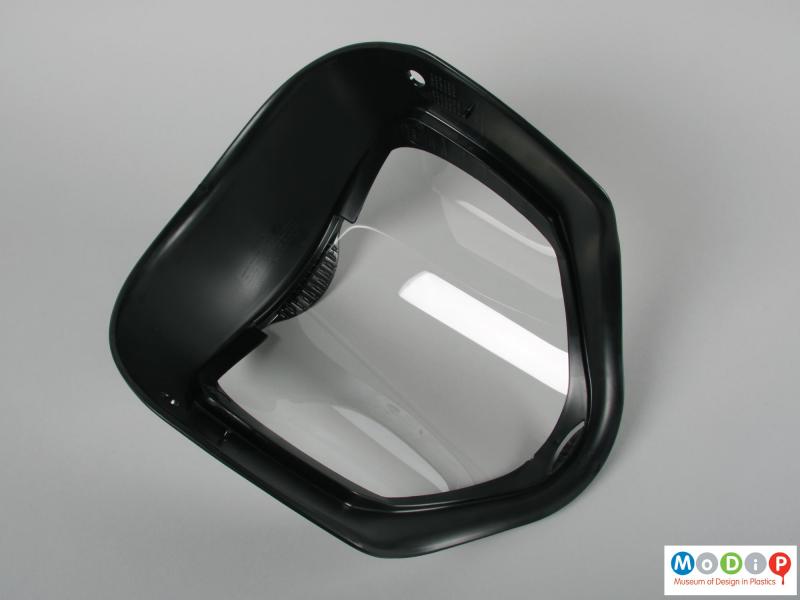 Rear view of a faceshield showing the inside of the detached visor.