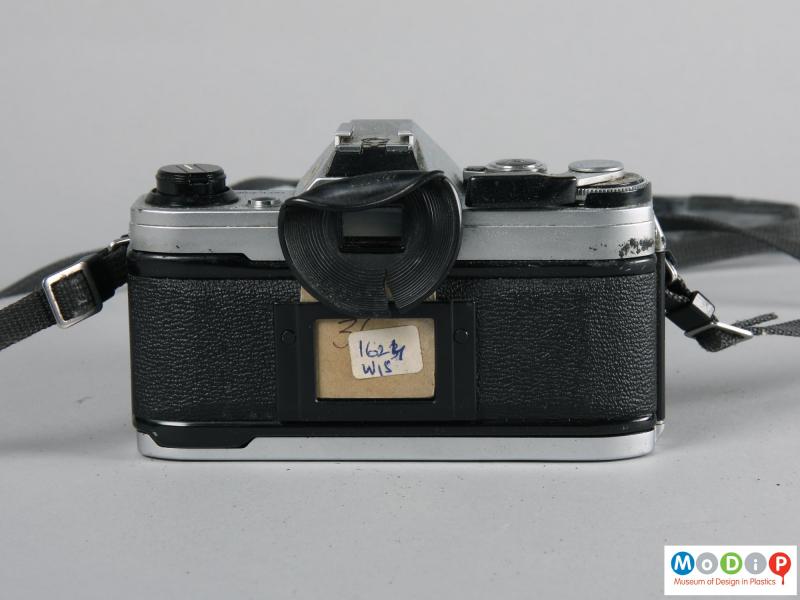 Rear view of a camera showing the damaged eye piece for the view finder.