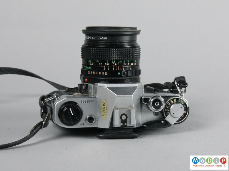 Top view of a camera showing the lens.