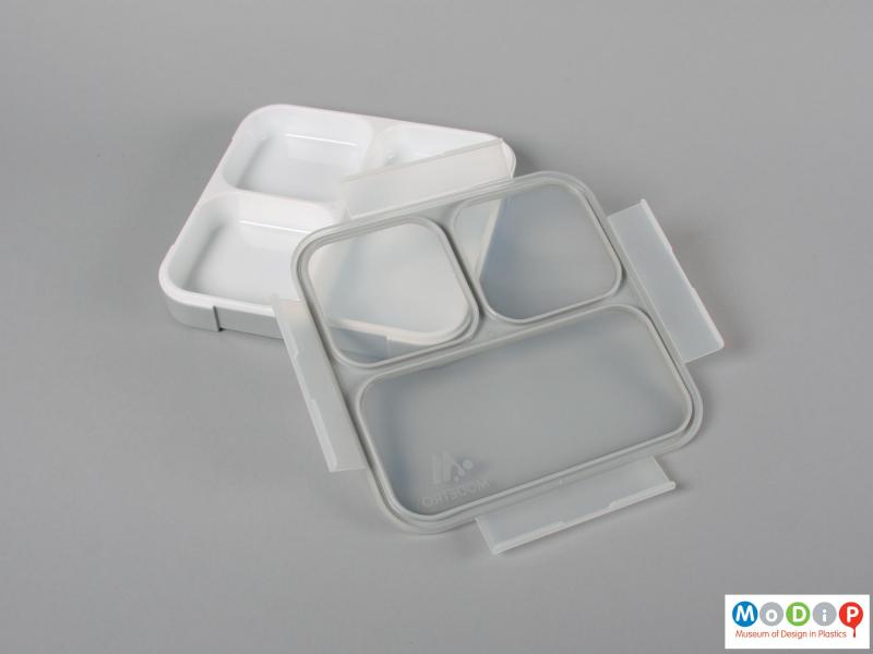 Top view of a lunch box showing the inner surfaces.