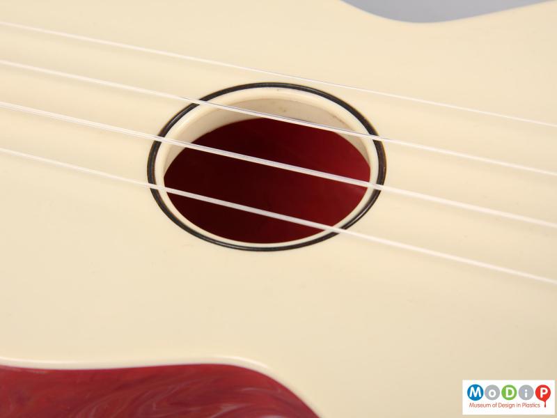Close view of a ukulele showing the hollow body.