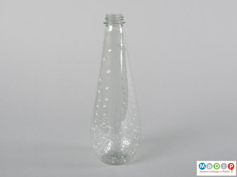 Side view of a bottle showing the shallow depth of the body.