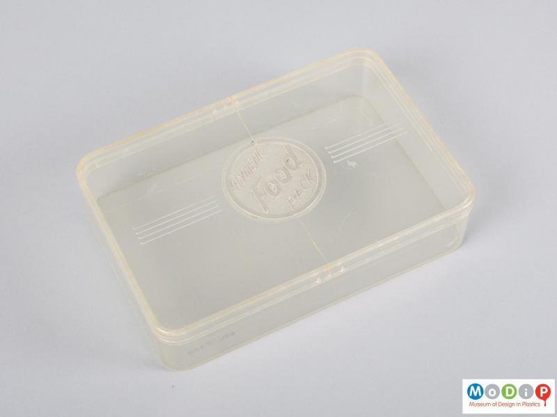 Top view of a food storage box showing the moulded inscritption in the lid.