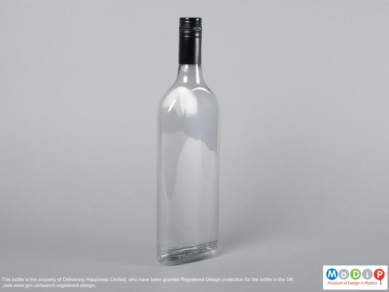 Side view of a bottle showing the slim profile.