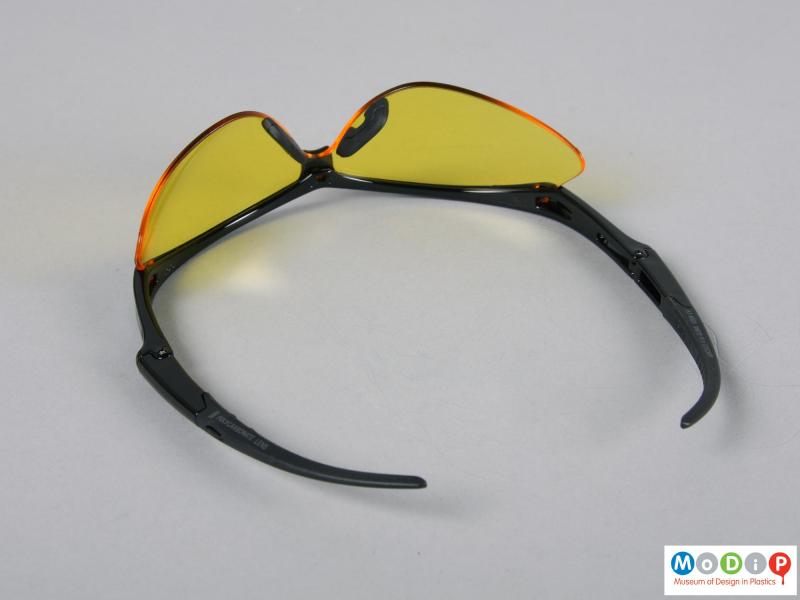 Underside view of a pair of glasses showing the single lens.