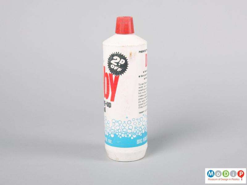 Side view of a washing up bottle showing the printed design.