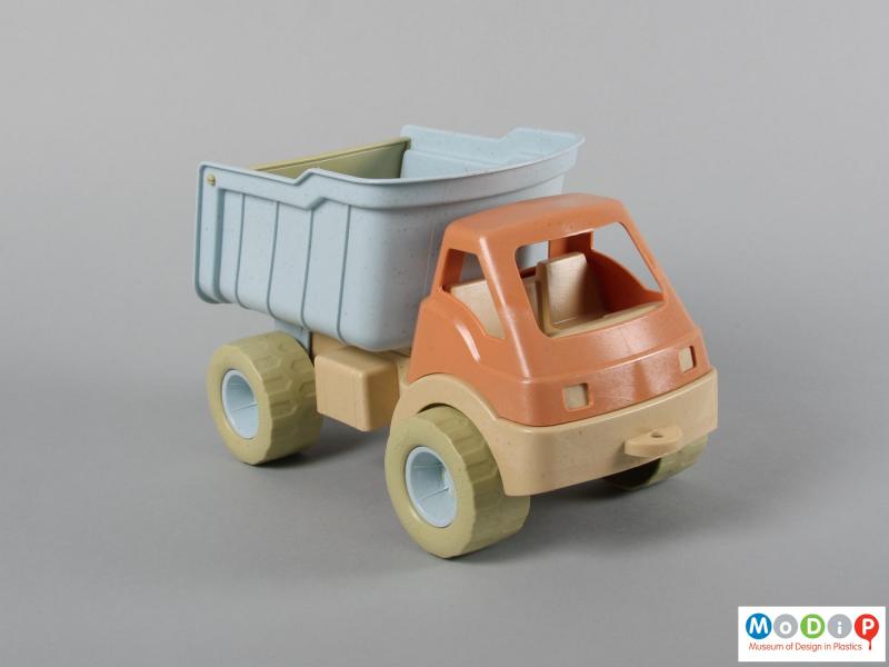 Front view of a toy truck showing the cab.