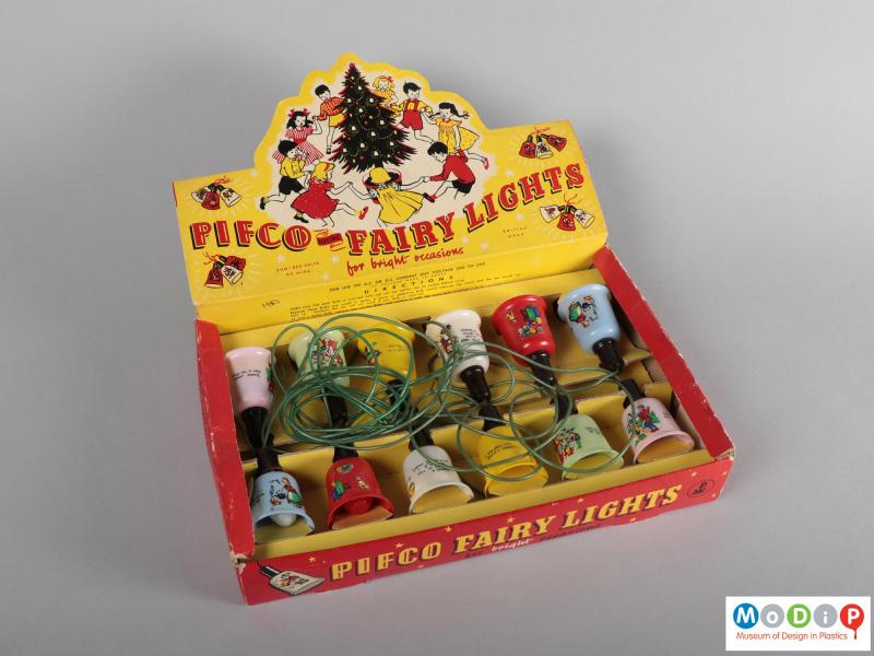 Top view of a set of fairy lights showing them in the packaging.