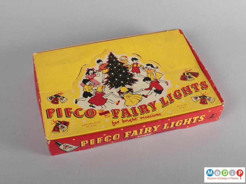 Top view of a set of fairy lights showing the packaging.