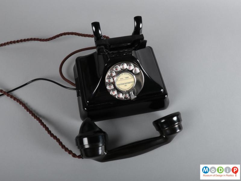 Top view of a telephone showing th handset cradle.