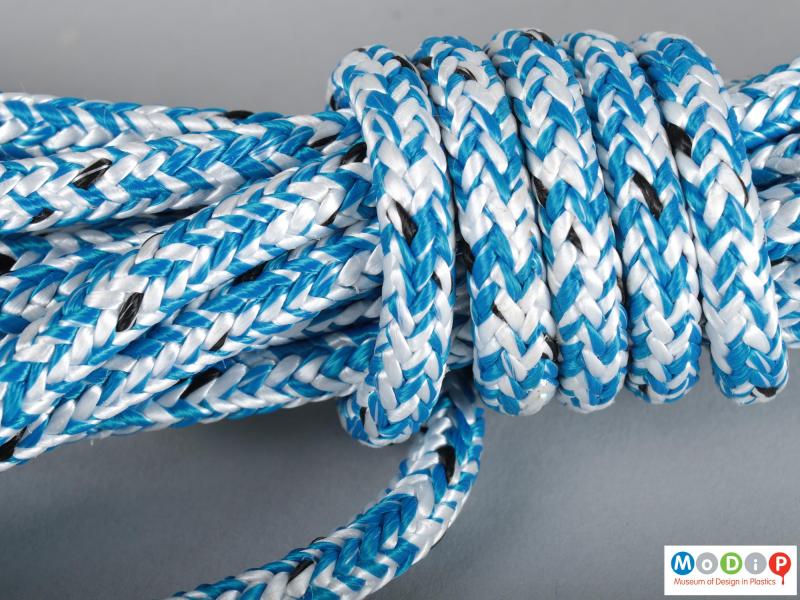 Close view of a section of rope showing the braided outer.