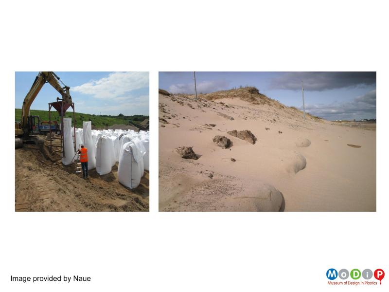 Images provided by Naue showing the sand bags being filled and in situ.