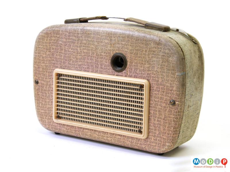 Rear view of a Portadyne transistor radio, with removable back panel and grill.