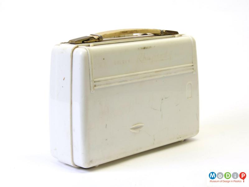 Rear 3/4 view of a KB Golden Rhapsody Super 8 radio showing the removable rear panel along with a plain side section.