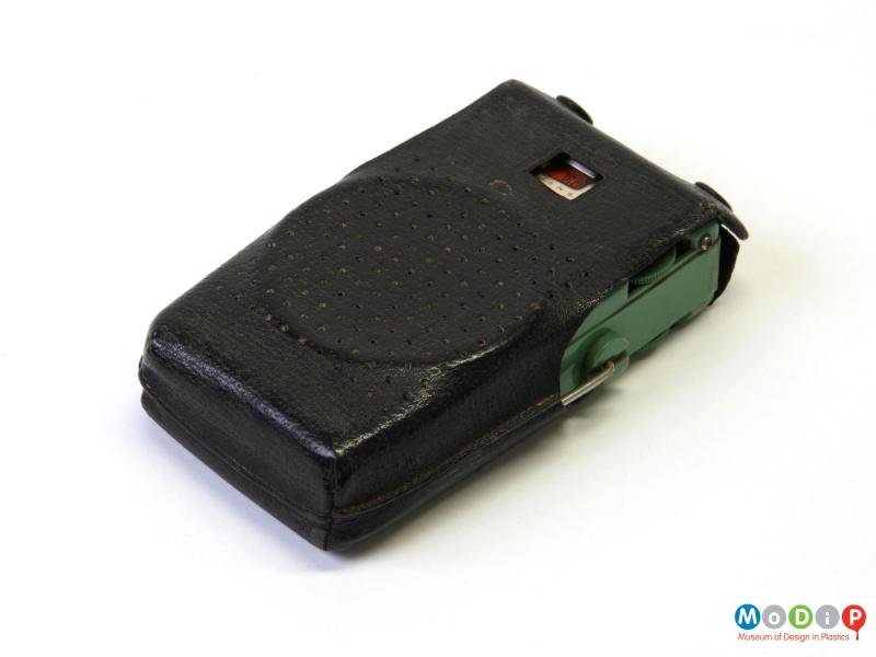 Front view of a radio showing the leather cover.