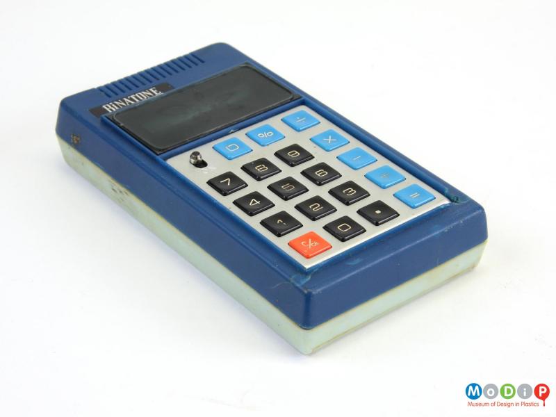 Side view of a Binatone 02 4252 calculator showing the plain sides and a view of the top.