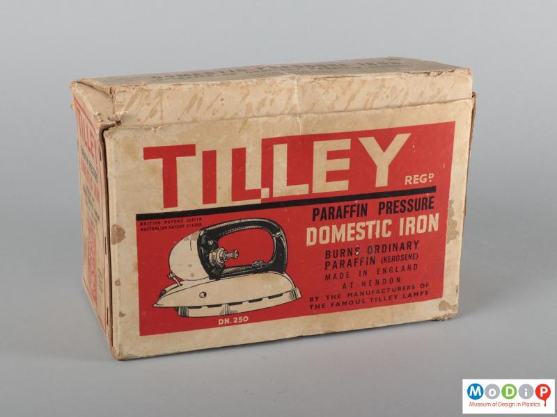 Side view of an iron showing the packaging.