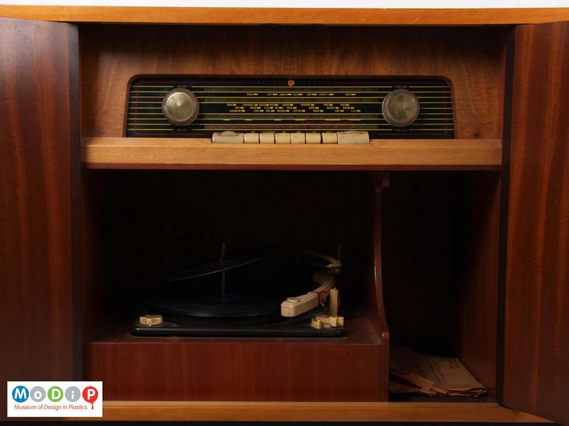 Interior view of a Pye stereogram showing the record player underneath the radio tuner.