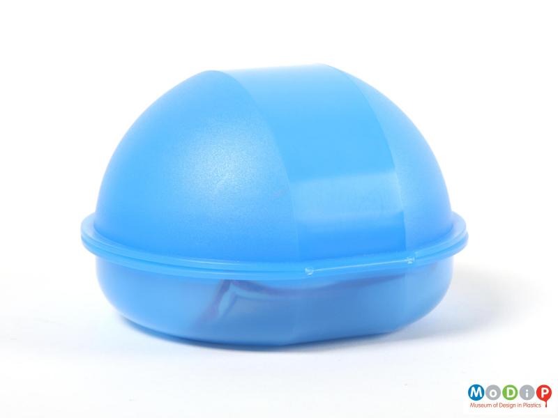 Rear view of a blue bun box showing the polypropylene living hinge.