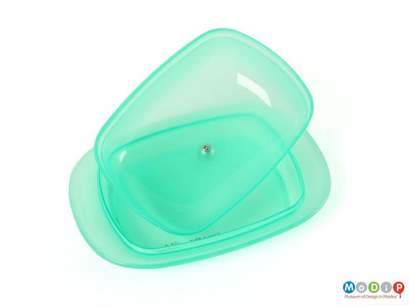 Top view of a butter dish showing the underside of the lid.