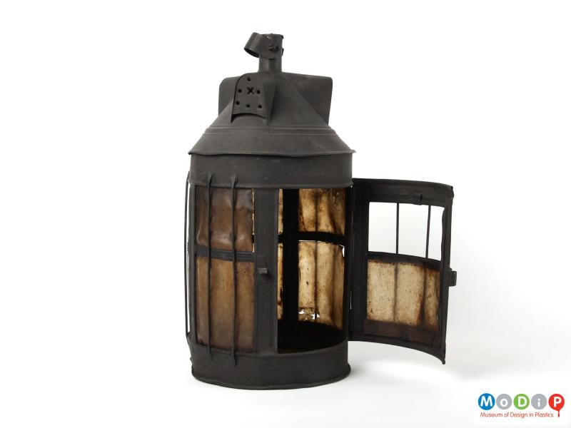 Side view of a lantern showing the open door.