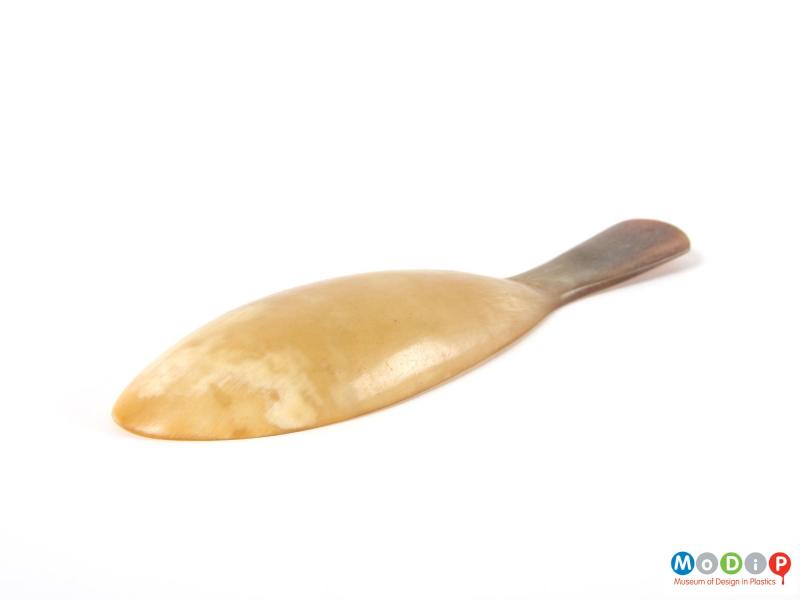 Side view of a spoon showing the curve in the handle and depth of the bowl.