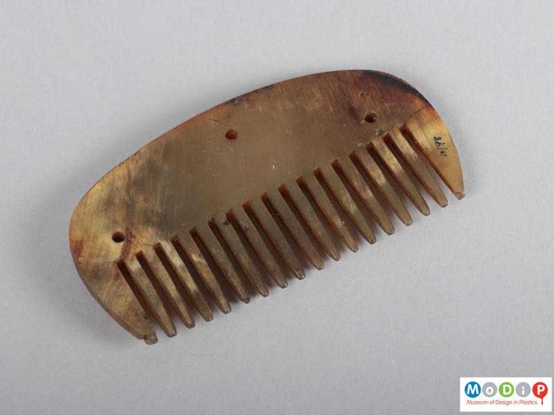 Underside view of a comb showing the heading and teeth.