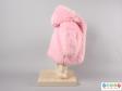 Side view of a pink hooded coat showing the right sleeve and the hood.
