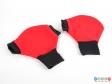 Side view of a pair of rowing pogies showing the plain red body and black cuffs.
