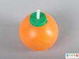 Top view of an orange drink container showing the lid and straw.
