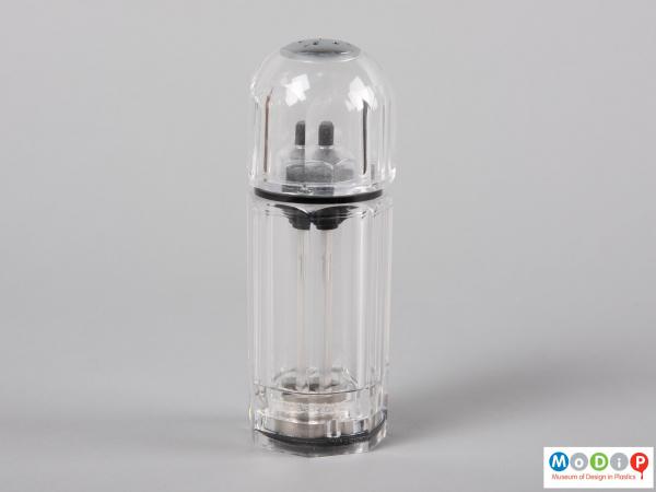 Side view of a Vision 2000 cruet showing the clear body with its rounded top and straight sides.