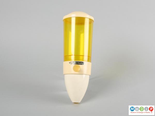 Front view of a dispenser showing the clear yellow body.