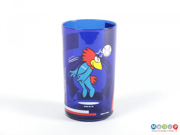 Side view of a beaker showing the bird mascot design.
